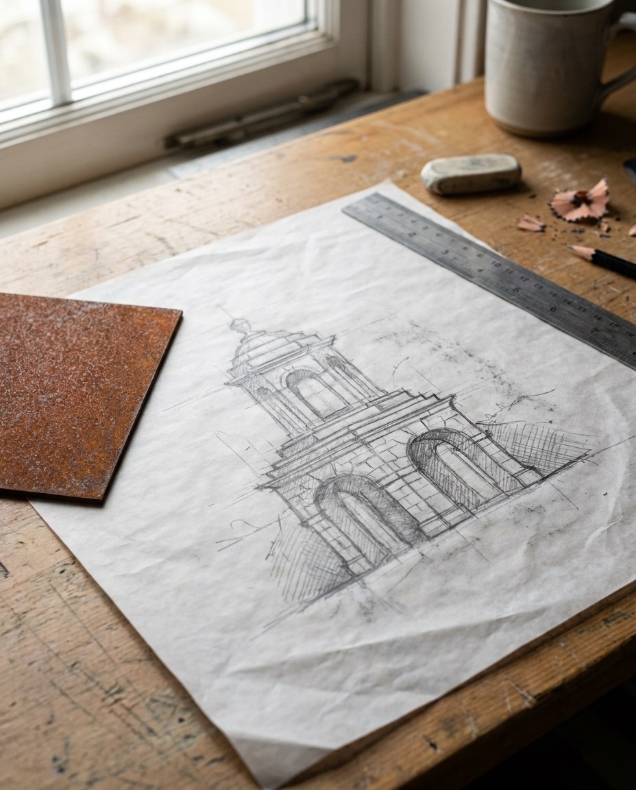 Handgetekende ontwerptekening op een bureau naast een materiaalstaal cortenstaal